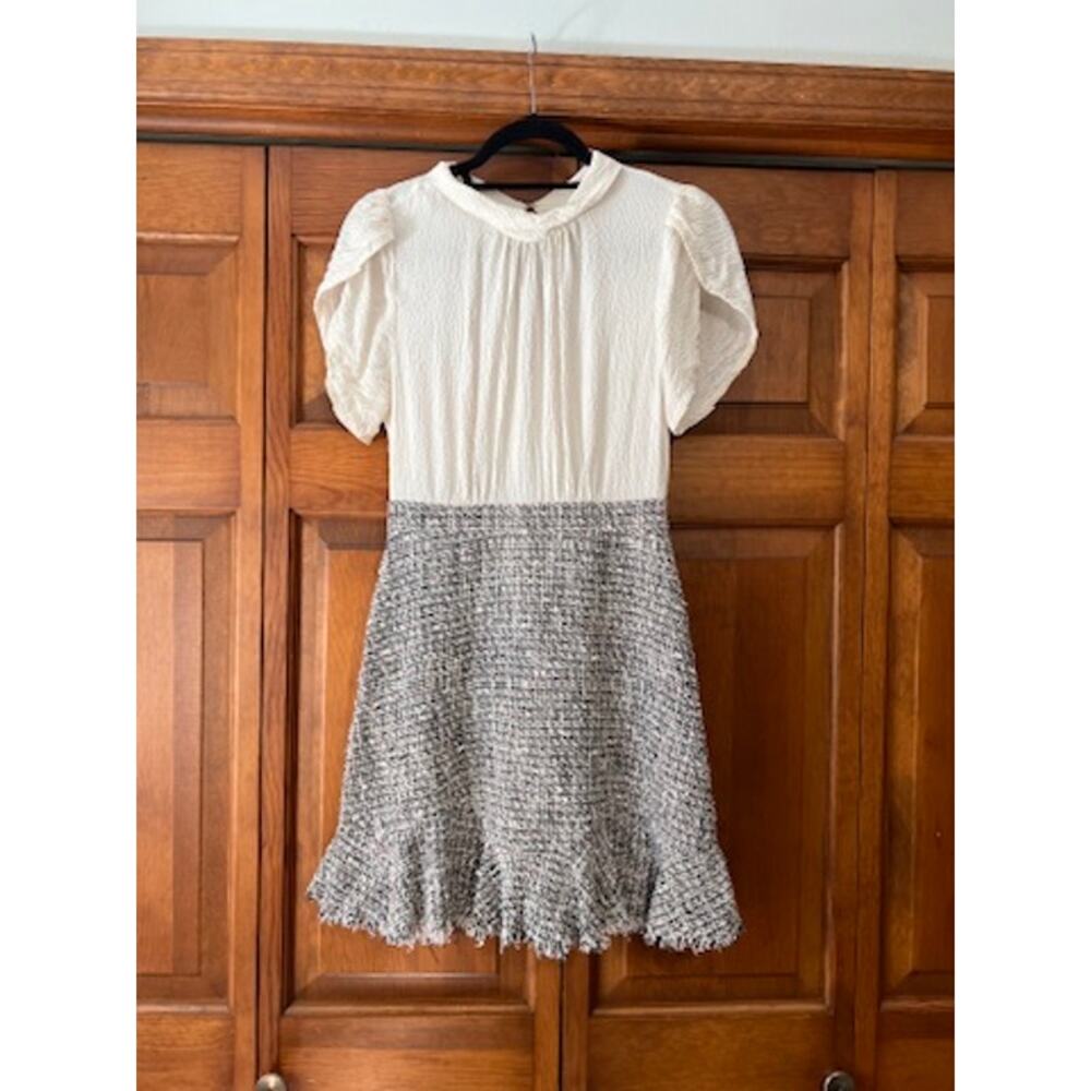 Rebecca Taylor Silk Textured Tweed Fit & Flare Dress Ivory Black Preppy Size 2 - Picture 2 of 10